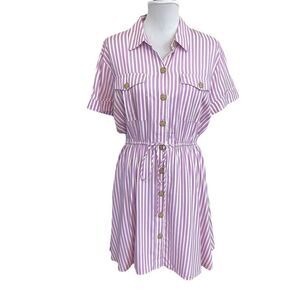 Loft Striped Mini Pocket Shirtdress Purple Size Medium